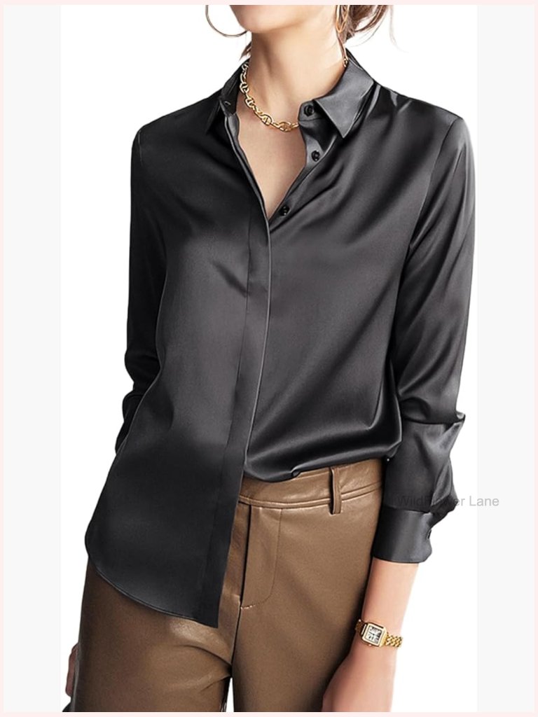 22 Momme Mulberry Silk Blouse Long Sleeve Button Down Shirt Elegant Work Top
